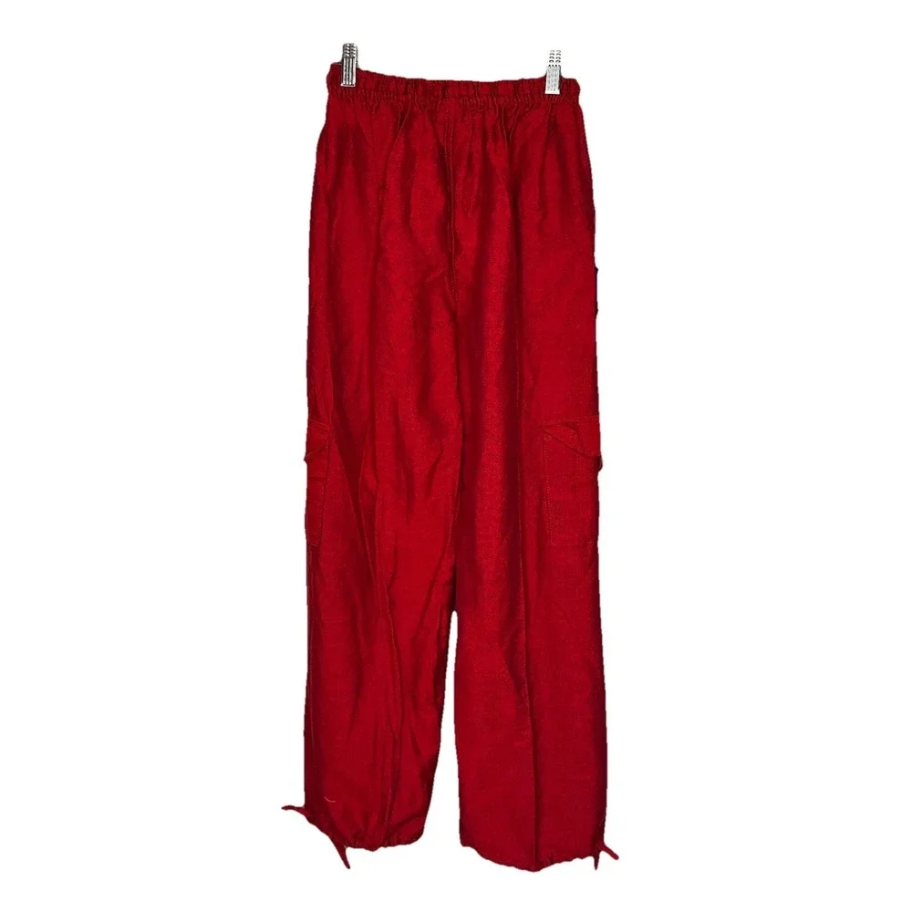 Red Cargo Pants Small Red Cotton Parachute Jogger Drawstring Hem Peru Casual